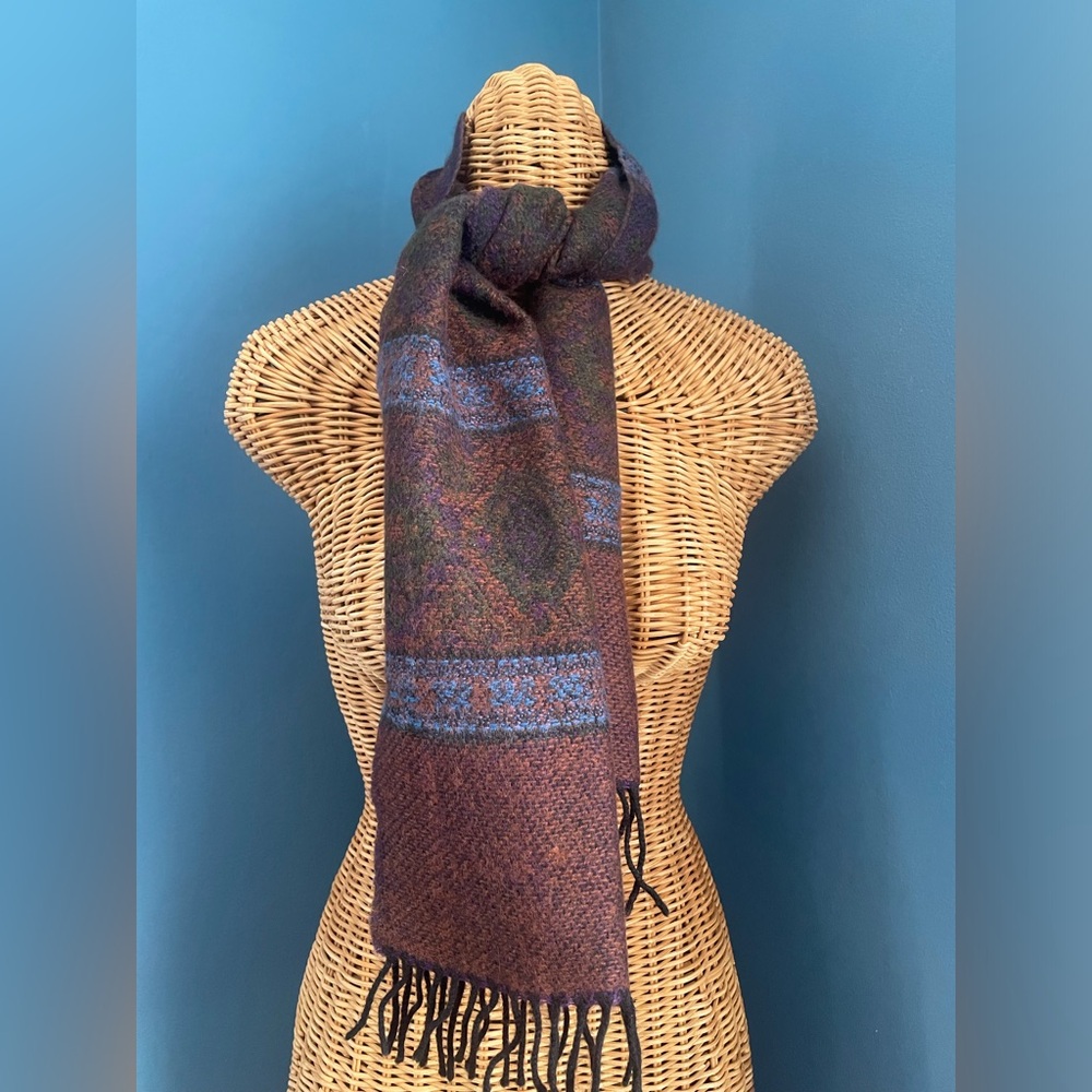 Geoffrey Beene 100% Wool Winter Scarf France Purple Green Blue Reversible 11x56
